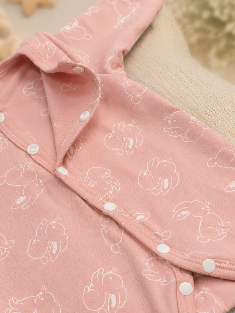 Ziva Baby Jumpsuit – Dusty Rose Pink | Bunny Print | Knitted Cotton | Front Open Snap Button