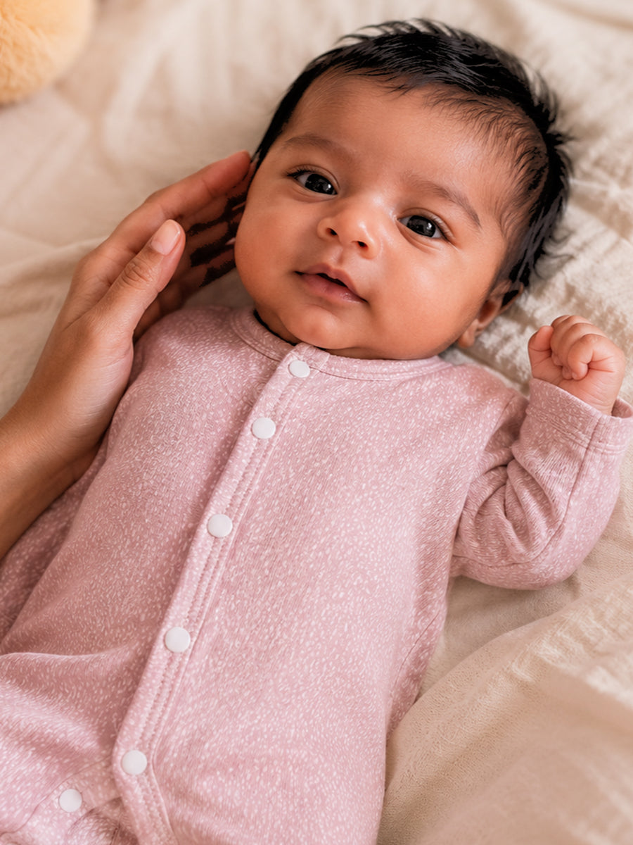 Ziva Baby Jumpsuit – Dusty Blush Pink | Tiny Confetti Sprinkle Print | Premium Knitted Cotton | Front Open Snap Button
