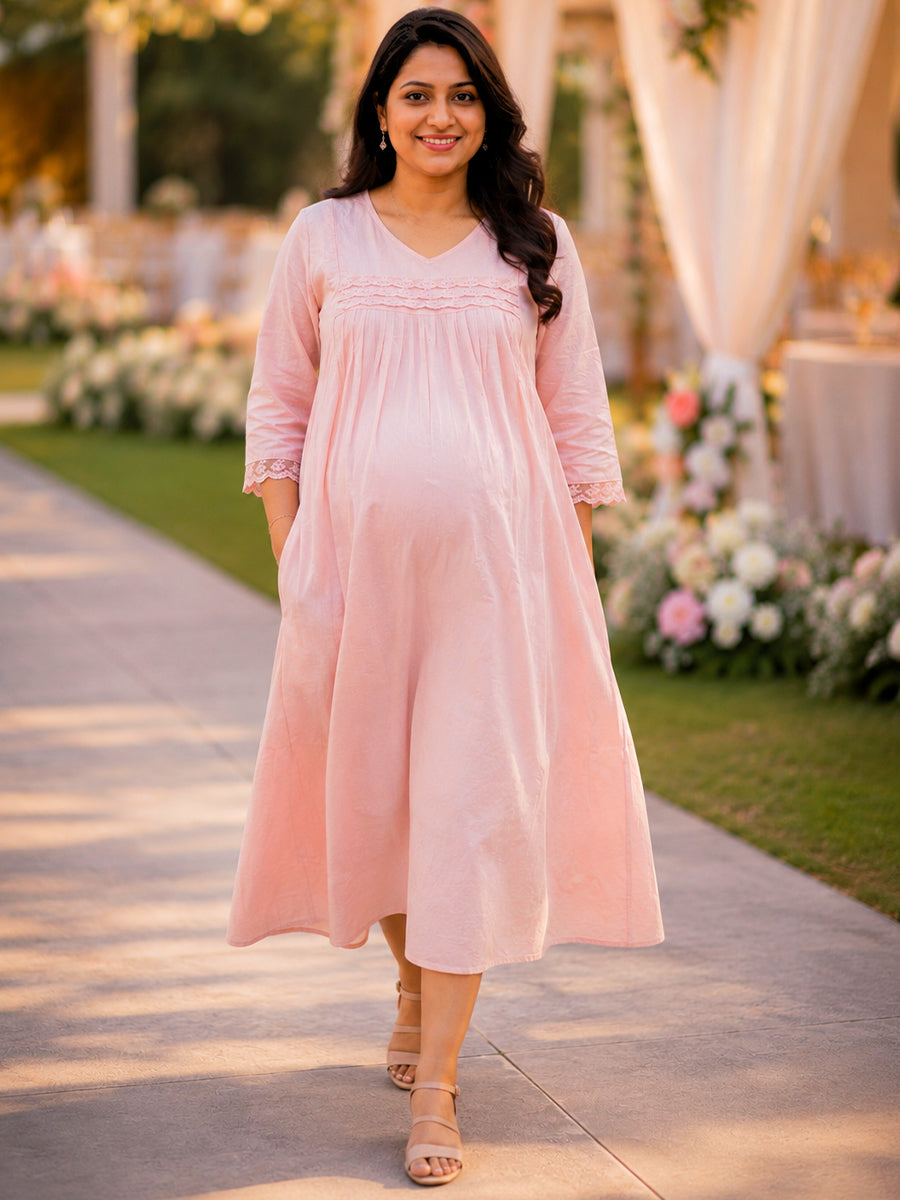 Ziva Maternity & Feeding Semi-Party Wear Dress with Crochet Lace, Invisible Feeding Zip & Pocket – Peach