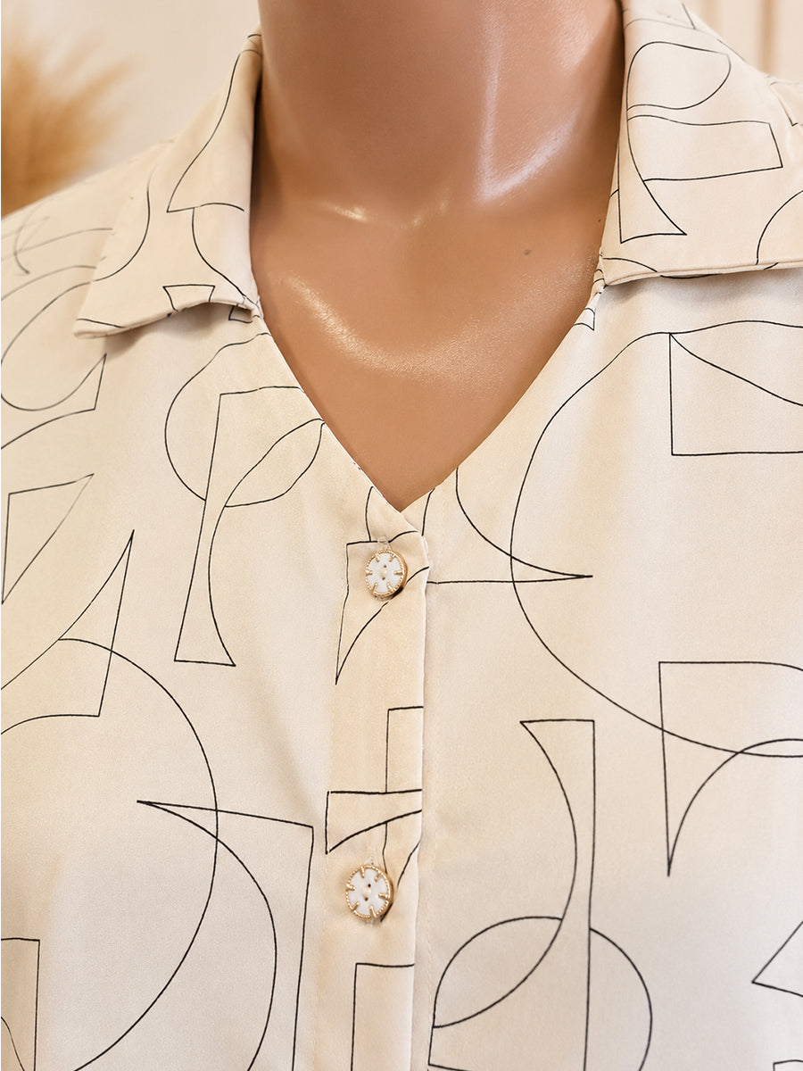Ziva Maternity & Feeding Shirt Dress with Full Button Opening & Pocket – Beige Geometrical Print