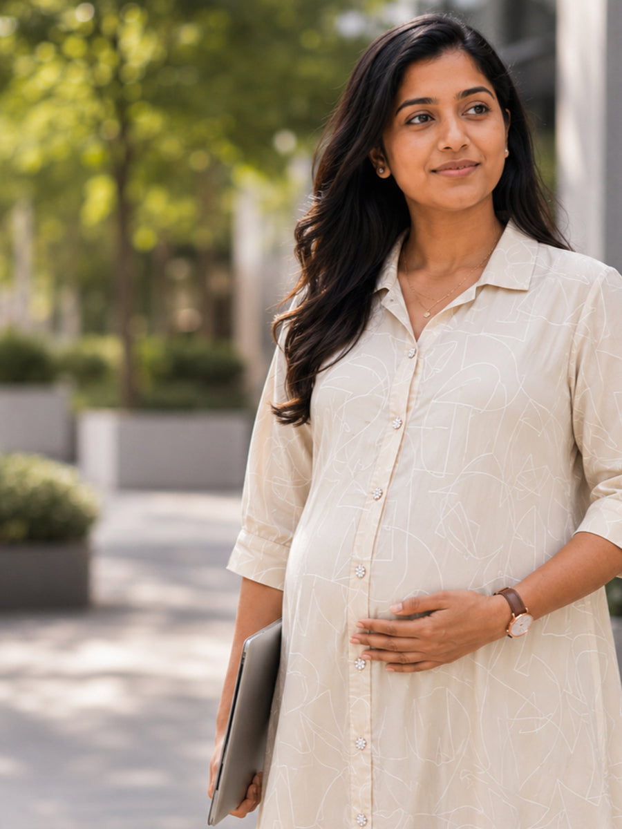 Ziva Maternity & Feeding Shirt Dress with Full Button Opening & Pocket – Beige with White Geometrical Print