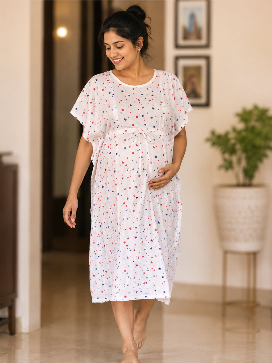 Ziva Maternity & Feeding Kaftan with Feeding Zip & Waist Tie – White | Red & Navy Star Print