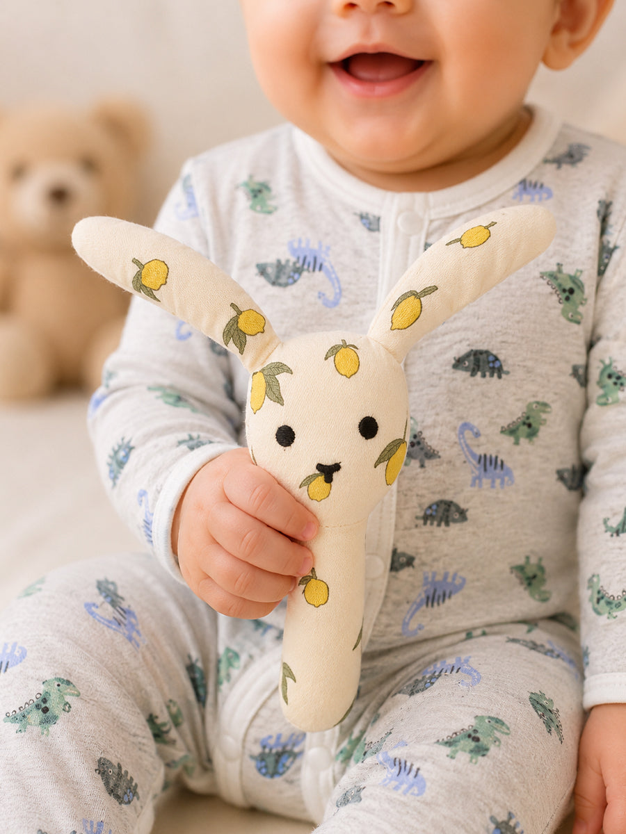 Ziva Baby Organic Cotton Bunny Hand Rattle – Cream | Lemon Fruit Print