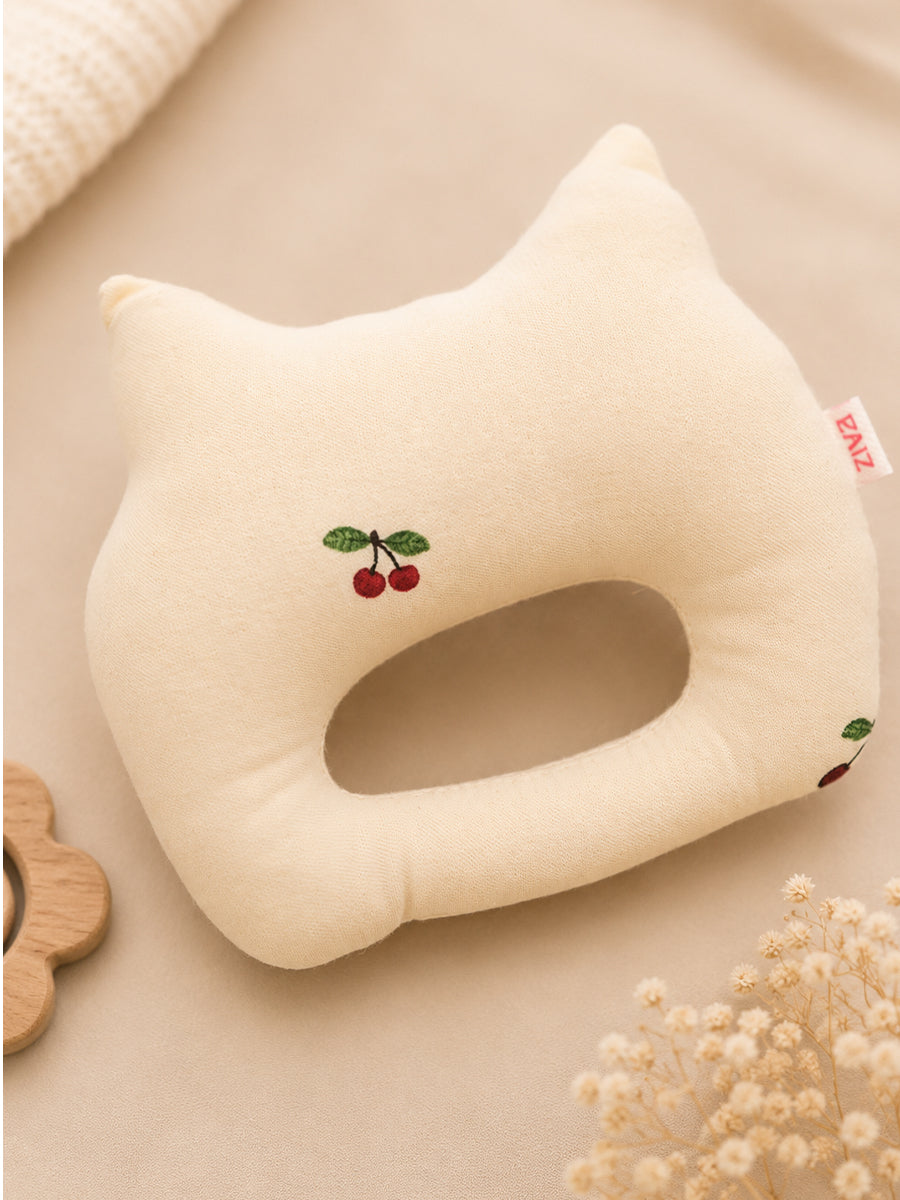 Ziva Baby Organic Cotton Cat Soft Toy Hand Rattle – Cream | Cherry Print