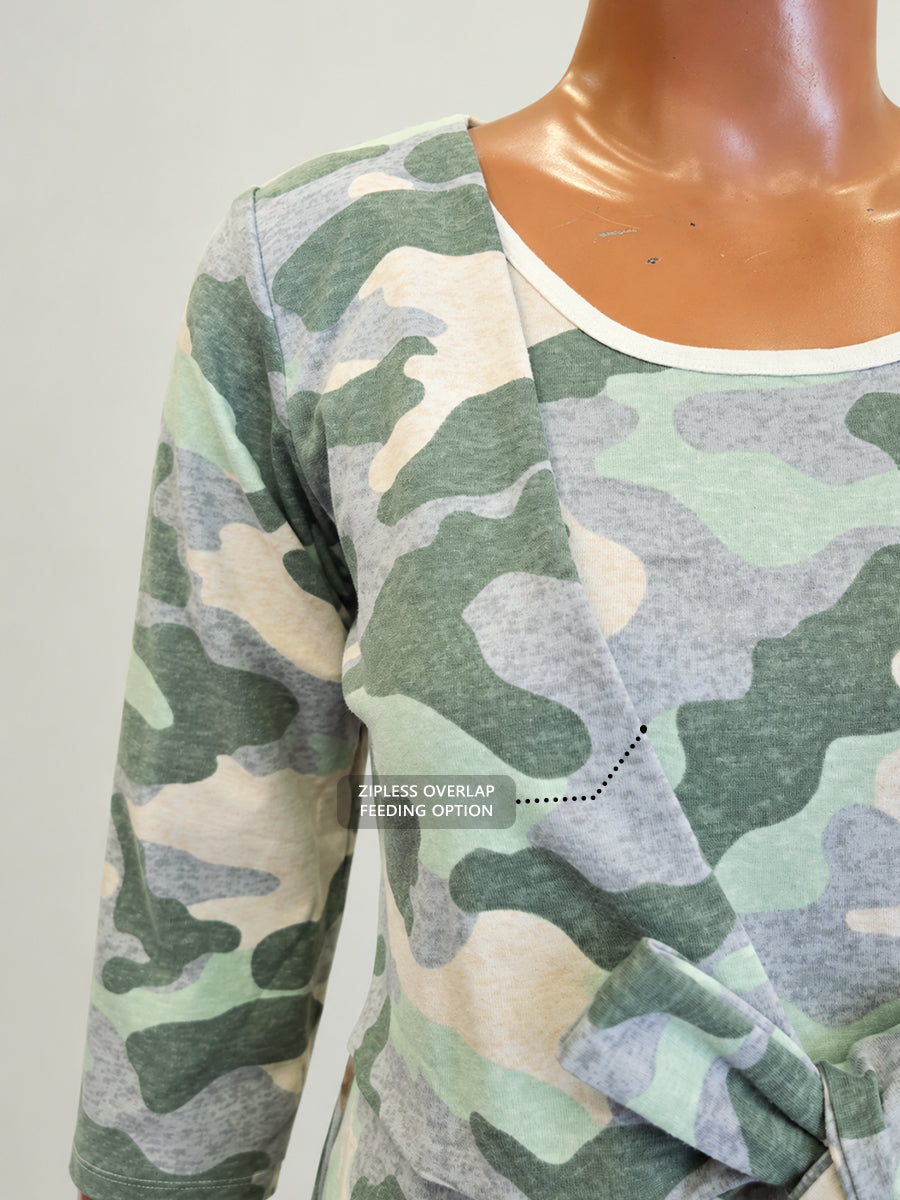 Ziva Camouflage Print Knitted Cotton Maternity & Feeding Zipless Dress with Concealed Side-Pull Nursing Access