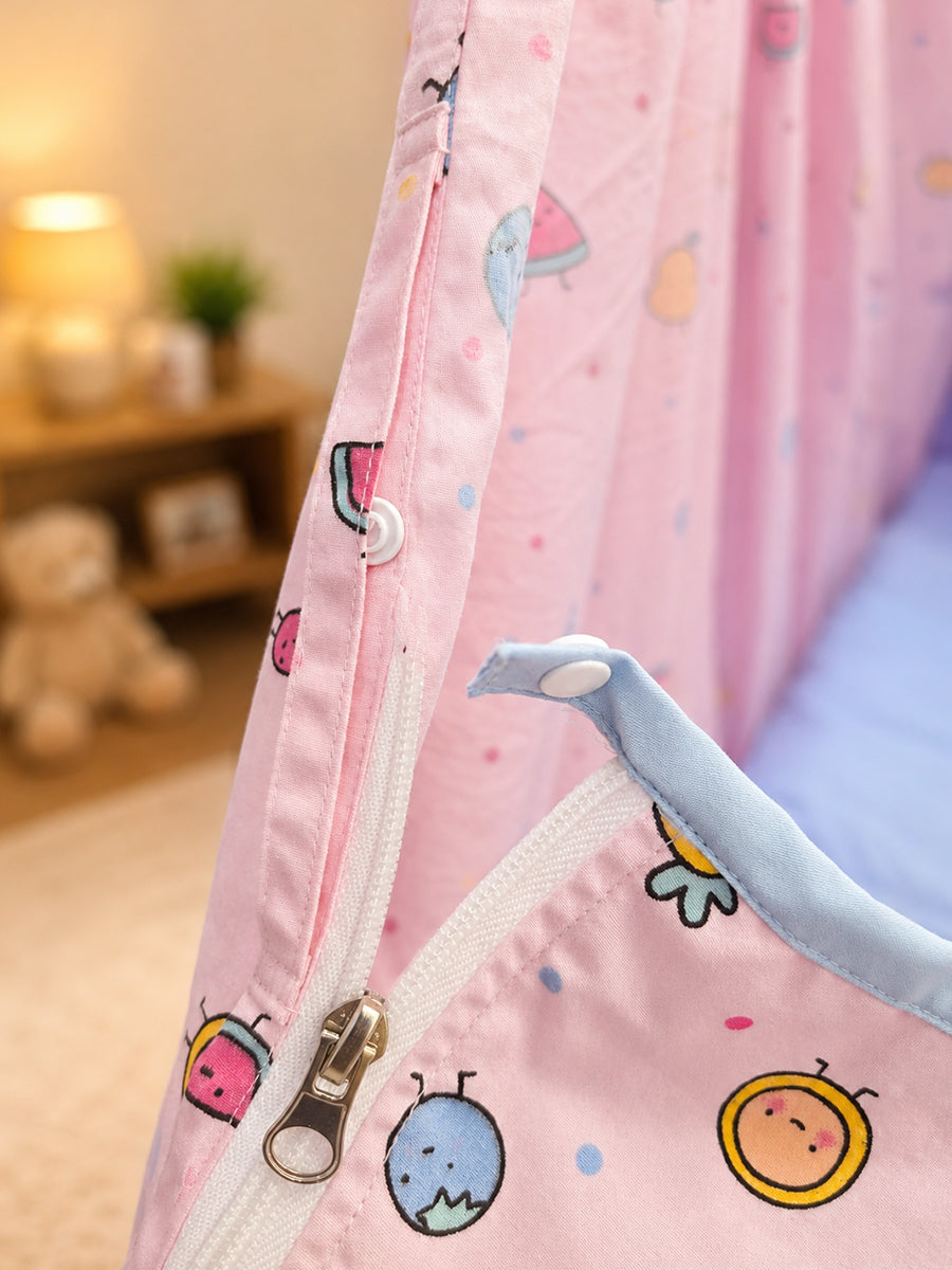 Ziva Multipurpose Cotton Baby Cradle with Bed & Convertible Swing Chair – Baby Pink Cartoon Fruit Print