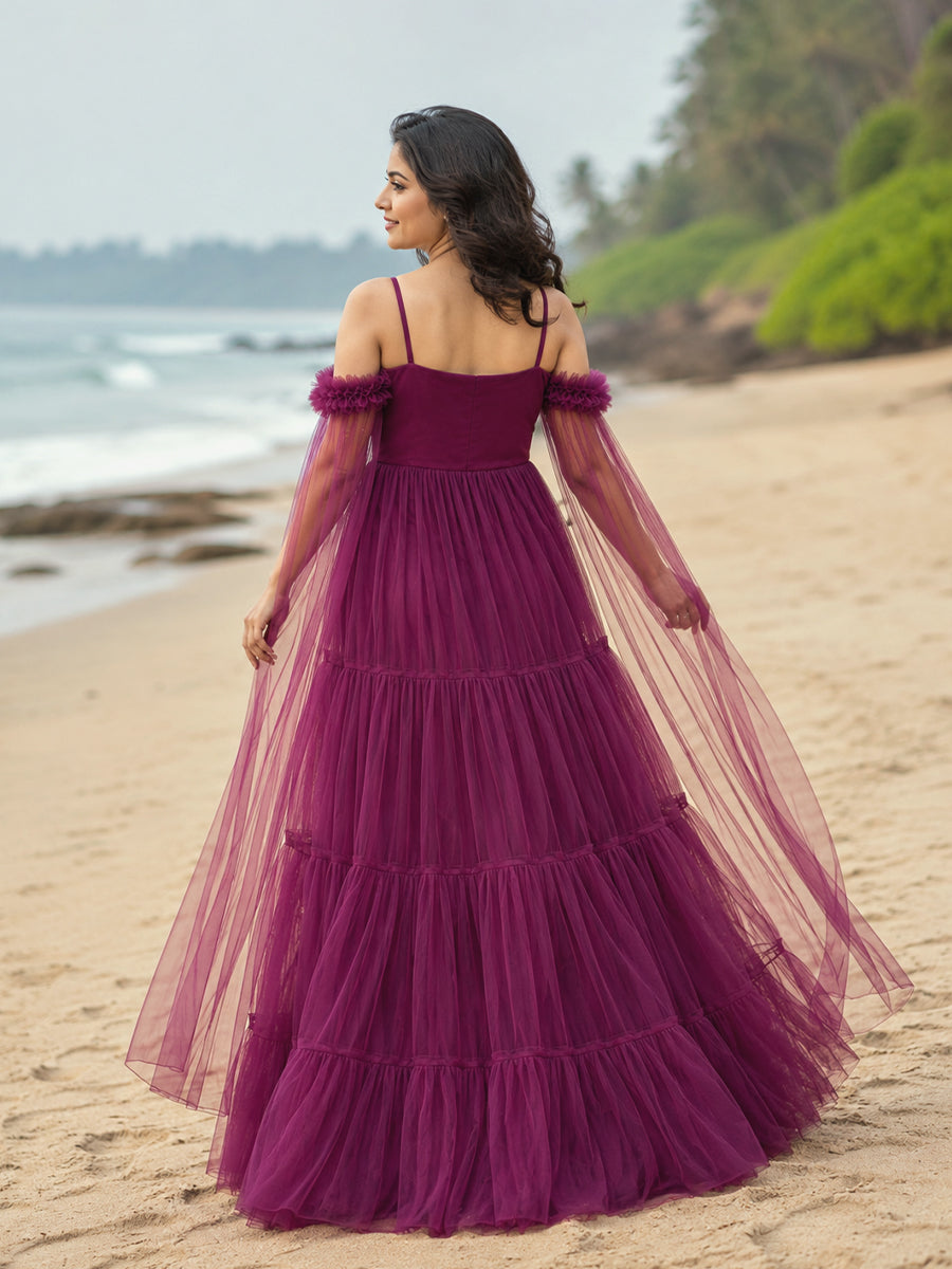 Ziva Maternity Photoshoot & Baby Shower Net Gown with Sequin Bodice & Flowing Cape Sleeves – Wine