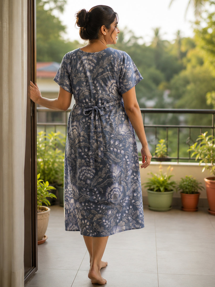 Ziva Maternity & Feeding Cotton Full-Open Short Nighty – Grey Blue Floral Print