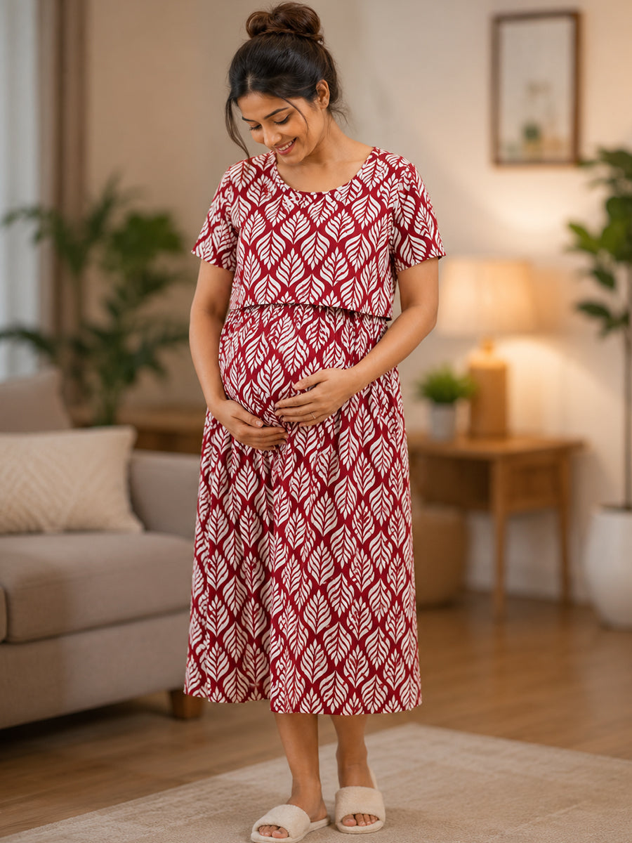 Ziva Zipless Maternity & Feeding Knitted Dress with Adjustable Tie & Side Pocket – Maroon Botanical Leaf Print
