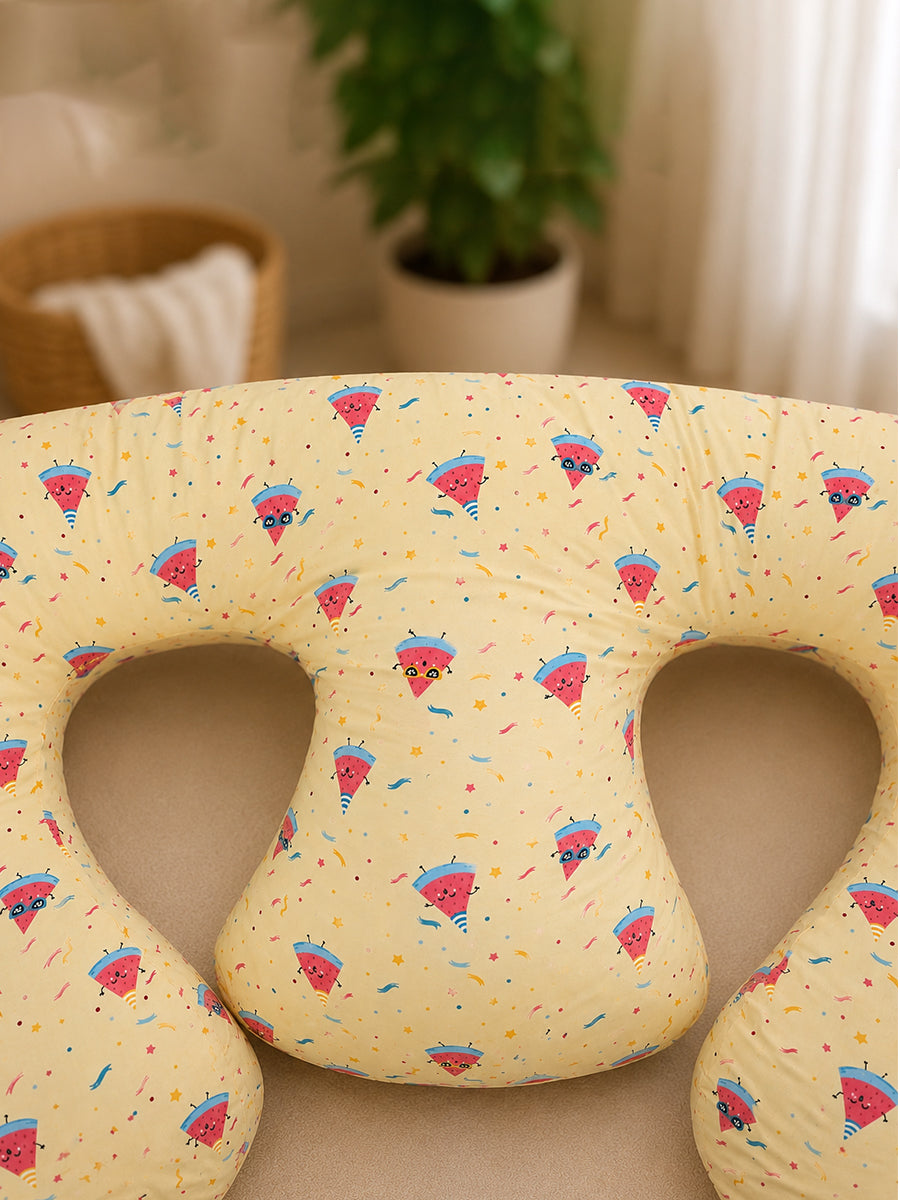 Ziva Multipurpose Twin Feeding Pillow – Cotton with Back Support & Adjustable Tie | Soft Yellow Watermelon Sprinkle Print