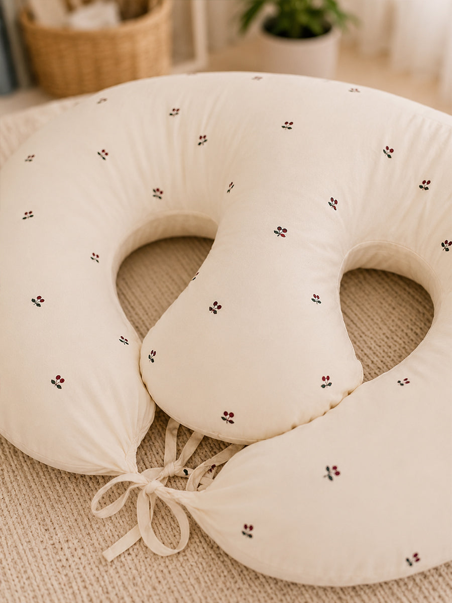 Ziva Multipurpose Twin Feeding Pillow – Organic Cotton with Back Support & Adjustable Tie | Berry Bloom Print | Light Cream