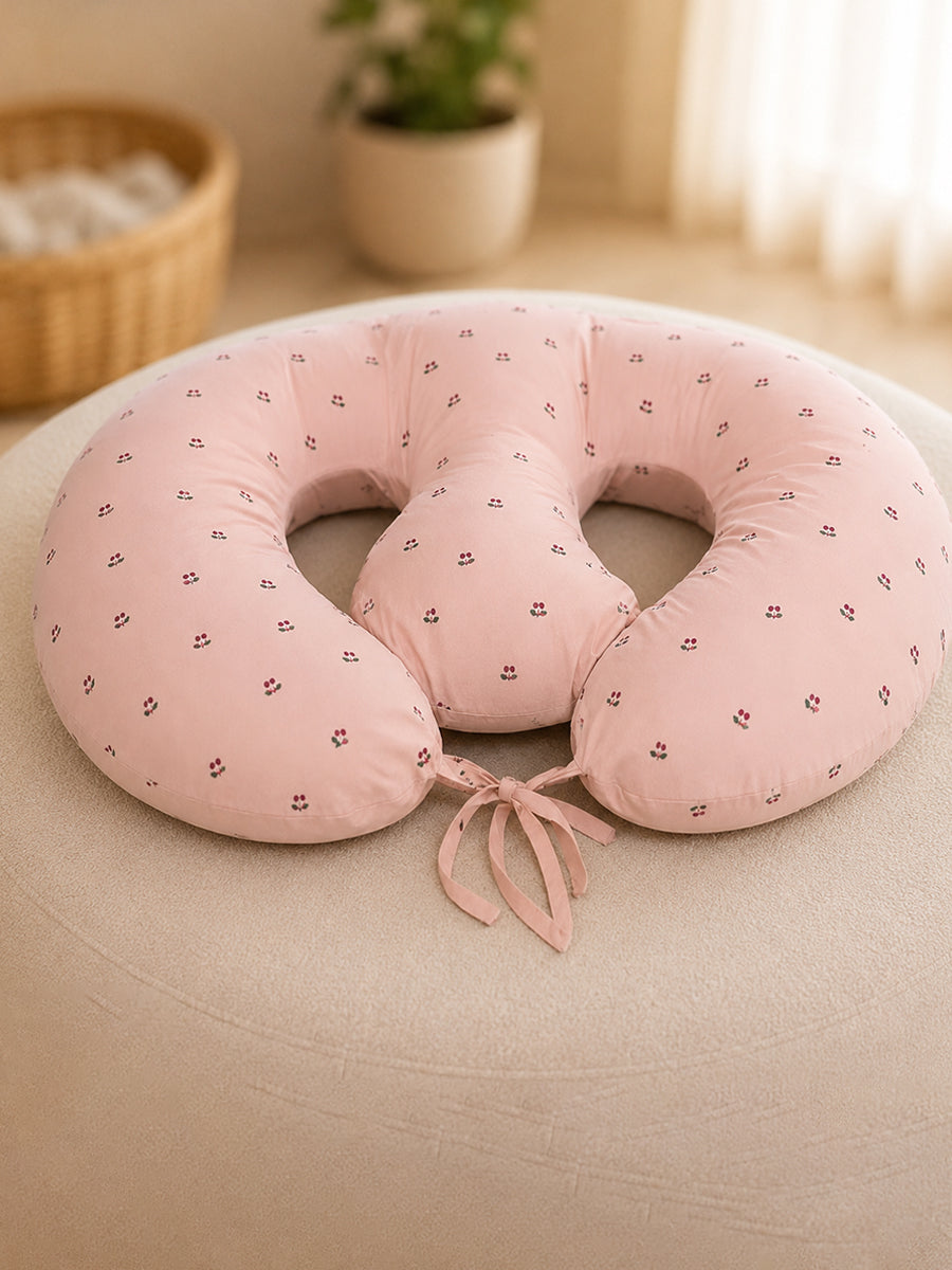 Ziva Multipurpose Twin Feeding Pillow – Organic Cotton with Back Support & Adjustable Tie | Berry Bloom Print| Light Brown