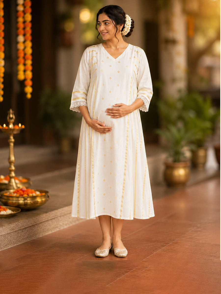Ziva Onam Maternity & Feeding Dress | Onakodi | Light Cream Handloom Cotton with Gold Stripes | Invisible Feeding Zips & Side Pocket