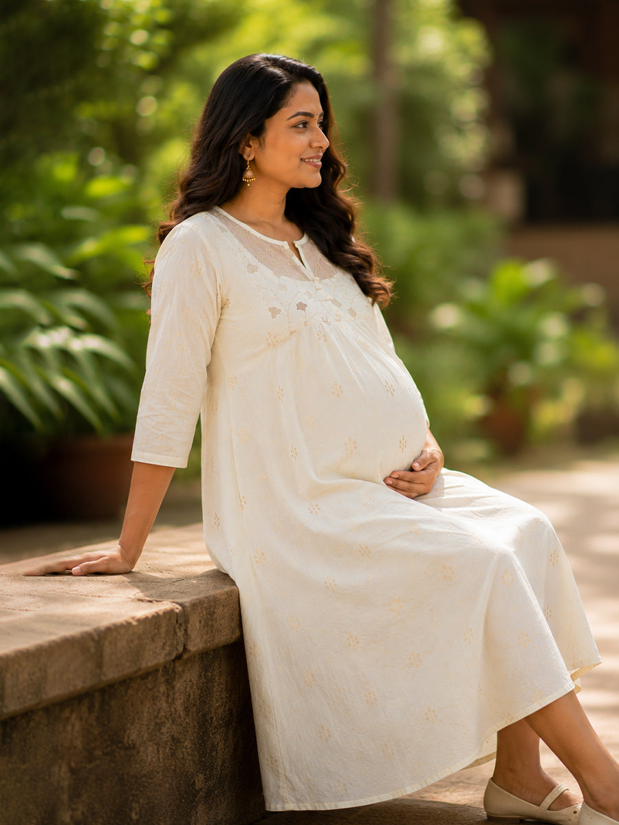 Ziva Onam Maternity & Feeding Dress | Onakodi | Light Cream Handloom Cotton with Designer Net Yoke | Invisible Feeding Zips & Side Pocket