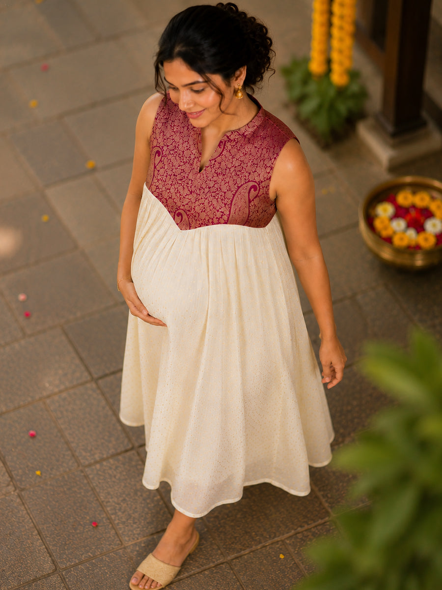 Ziva Onam Maternity & Feeding Sleeveless Dress | Onakodi | Light Cream Handloom Cotton with Burgundy Banarasi Yoke | Hidden Feeding Zips & Side Pocket