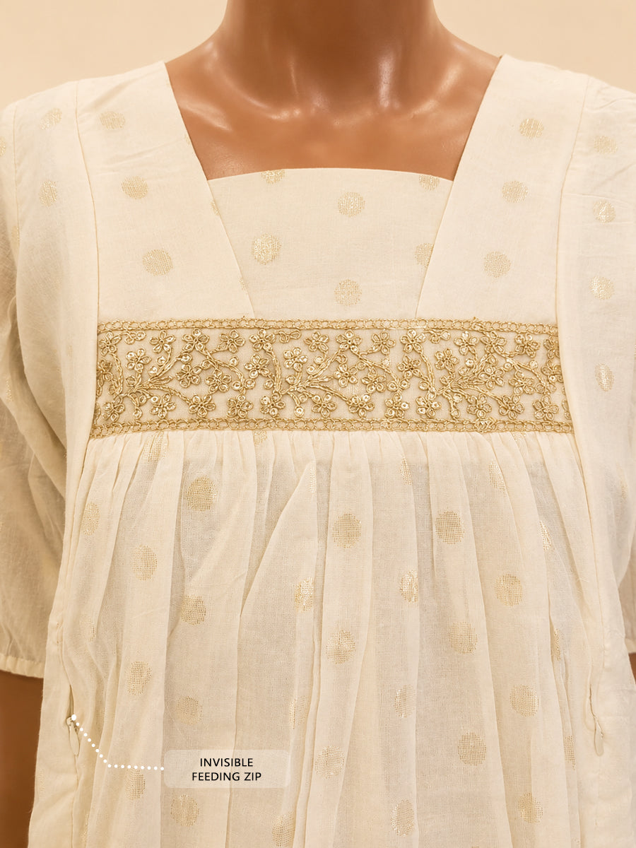 Ziva Onam Maternity & Feeding Dress | Onakodi | Light Cream Gold Butta Textured Cotton | Invisible Feeding Zips & Side Pocket