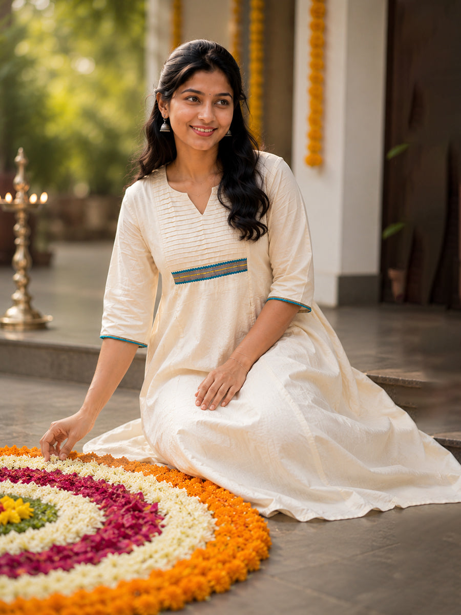 Ziva Onam Maternity & Feeding Dress | Onakodi | Light Cream with Blue & Gold Trim Lace | Invisible Feeding Zips & Side Pocket