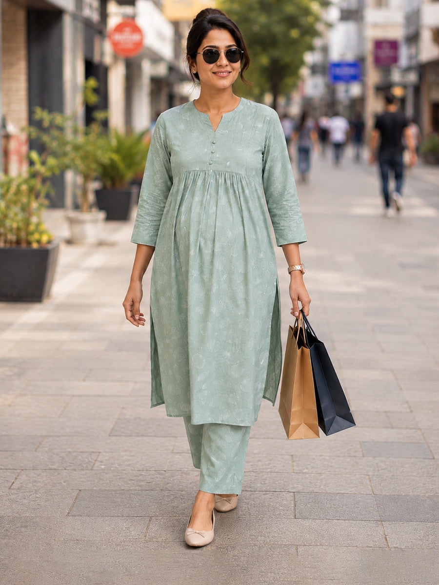 Ziva Maternity & Feeding Cotton Co-ord Set with Side Zips & Pockets – Pistachio Green Seashell Print