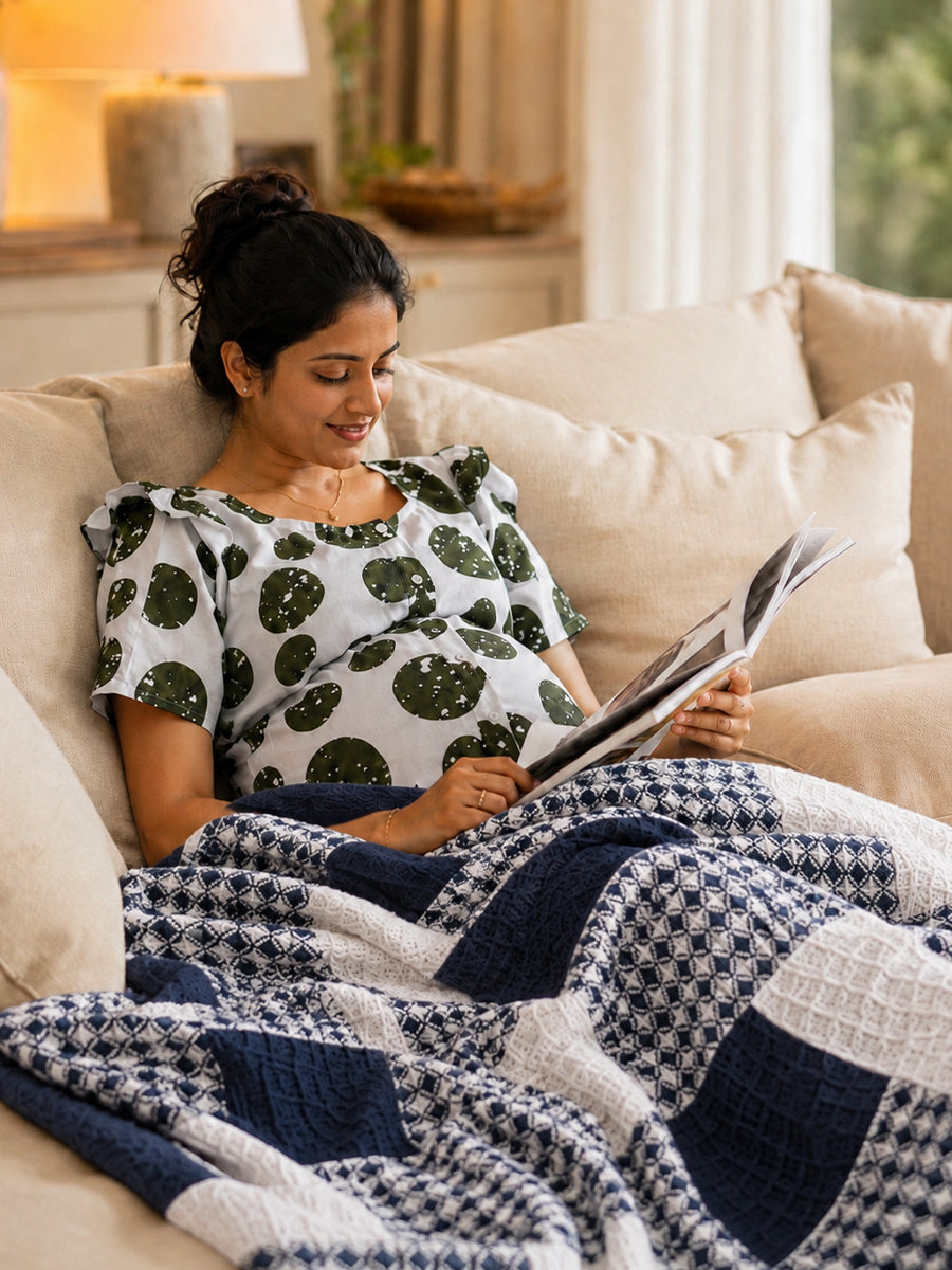 Ziva Premium Organic Cotton Waffle Blanket | Navy Blue & White | Multipurpose Pregnancy to Family Blanket | Soft & Breathable |Size- King, Queen, Twin