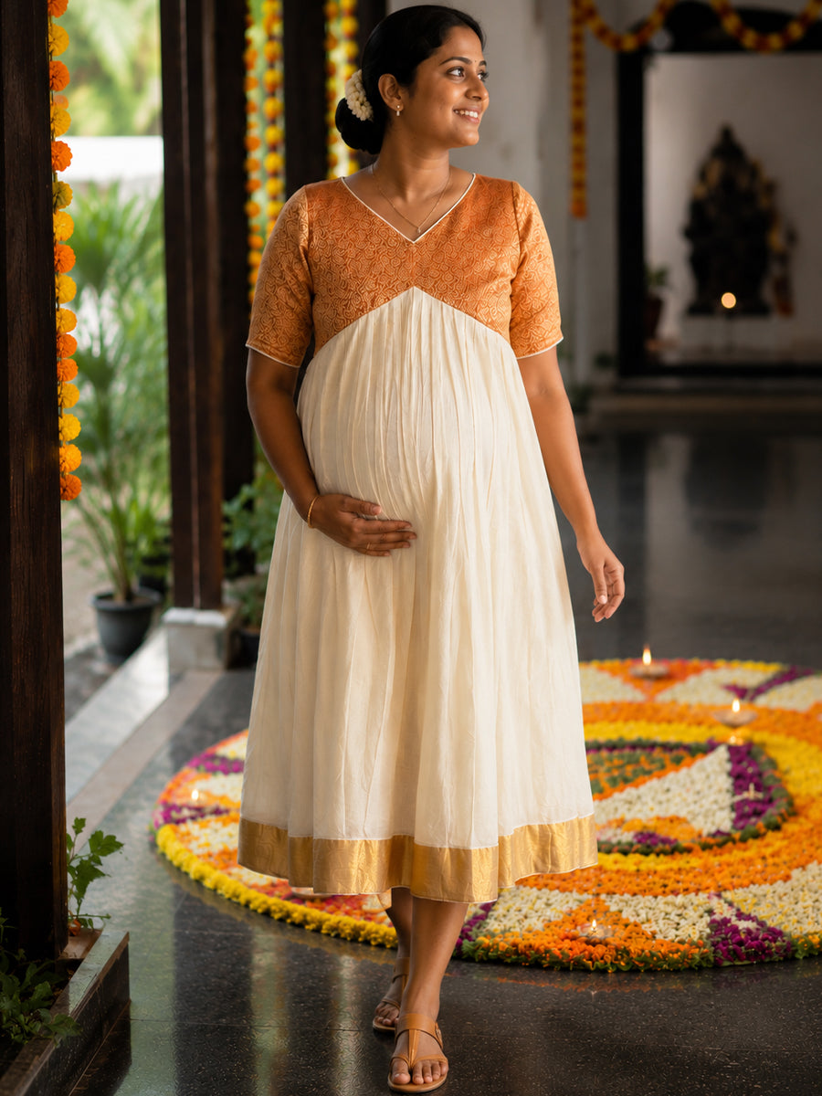 Ziva Onam Maternity & Feeding Dress | Onakodi | Off White Handloom Cotton with Orange-Gold Brocade Yoke | Golden Kasavu Border