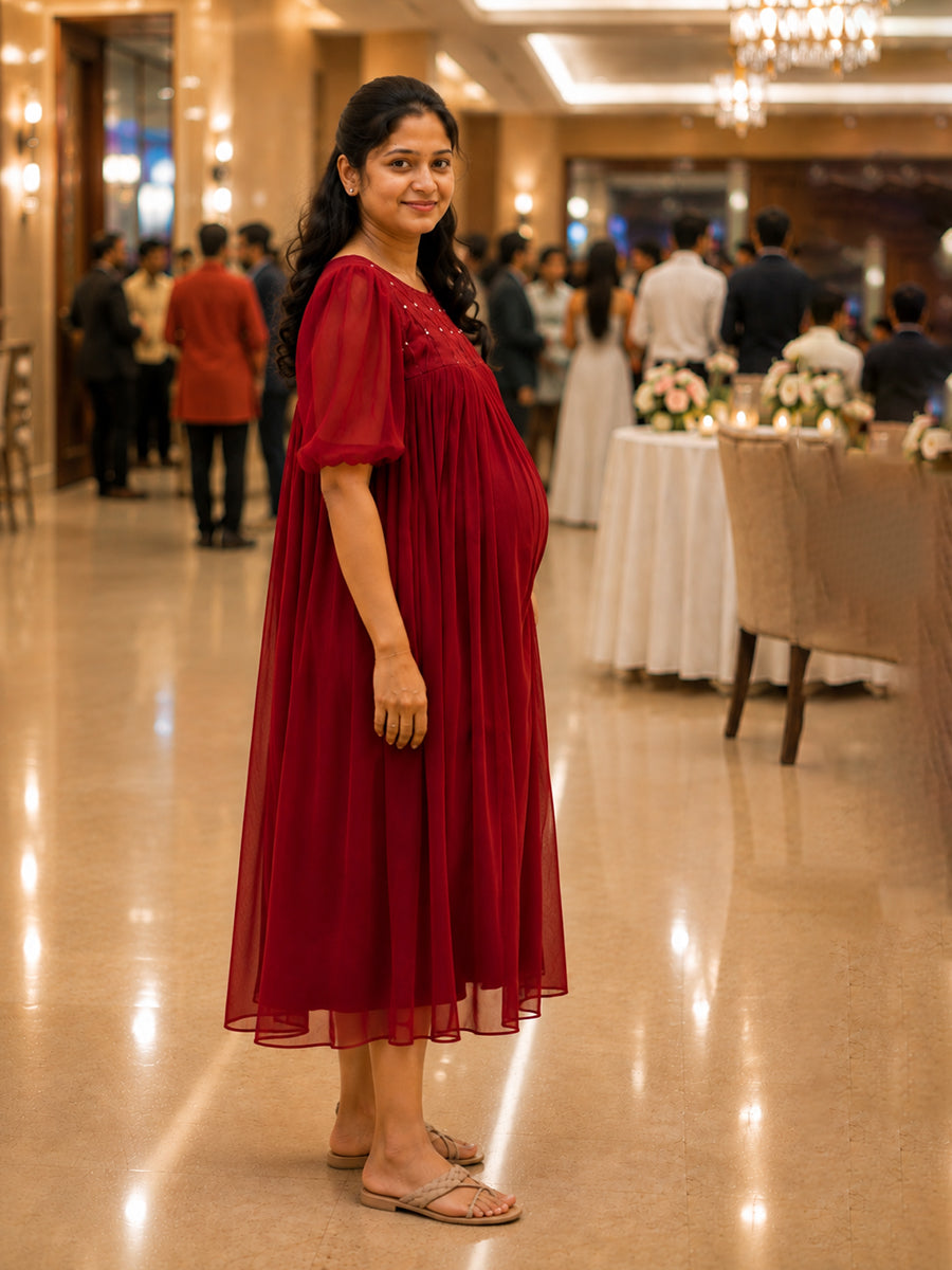 Ziva Maternity & Feeding Multipurpose Party Wear Dress – Dark Cherry Red | Concealed Feeding Zips