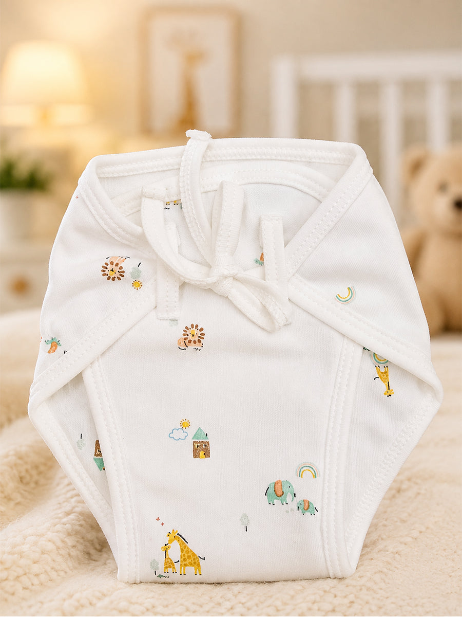 Ziva 3 Piece Nappy – Baby Boy | Premium Adjustable Tie Nappy | Knitted Cotton | Lightly Padded Attached Insert | Assorted White & Off-White Prints (Print Details: Check Product Description)