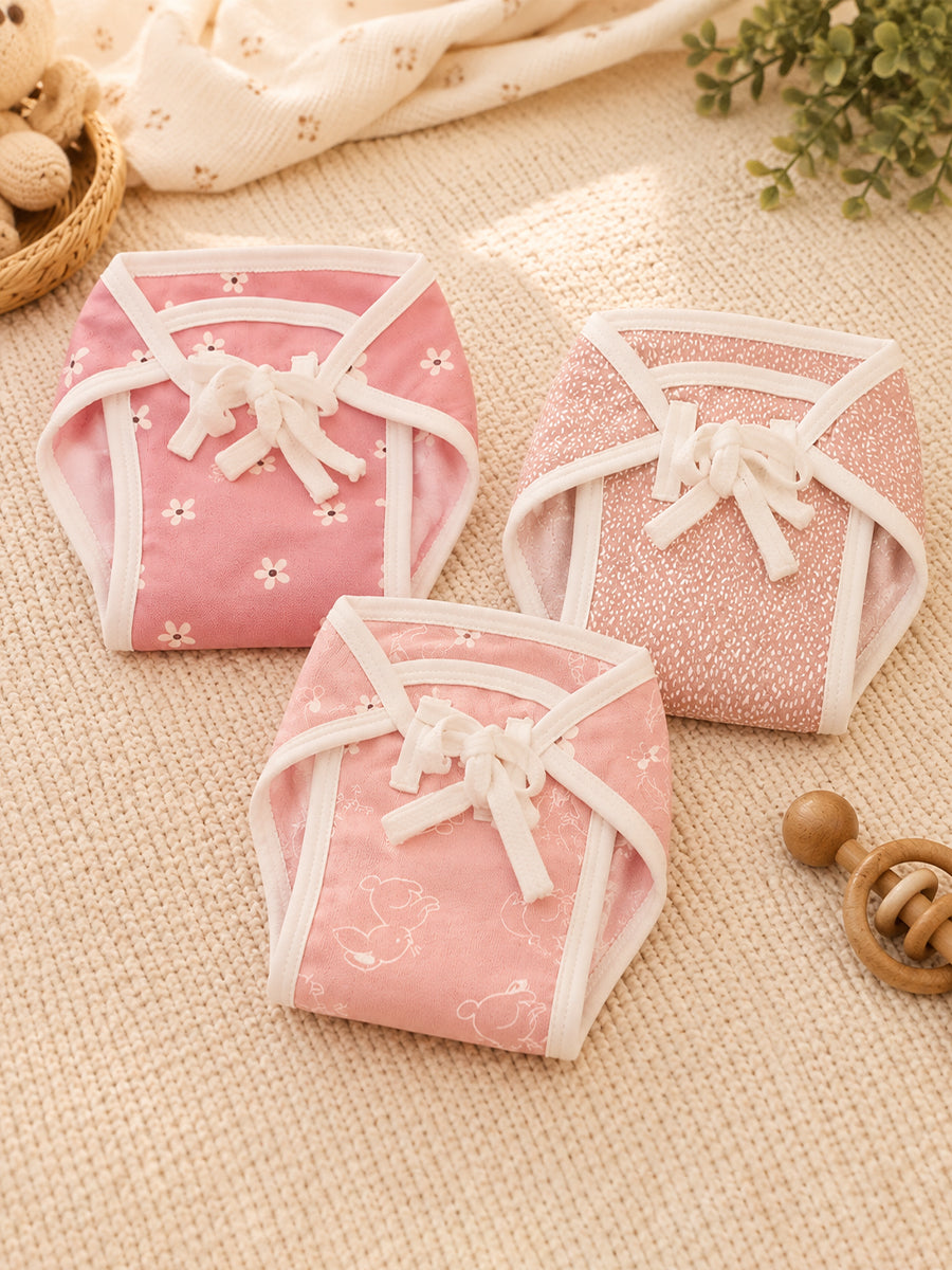 Ziva 3 Piece Nappy – Baby Girl | Adjustable Tie Nappy | Knitted Cotton | Lightly Padded Attached Insert | Assorted Pink Colors & Prints (Print Details: Check Product Description)