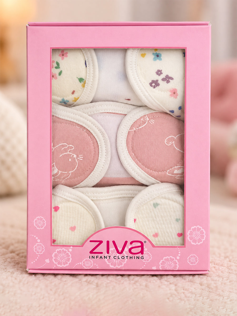 Ziva 3 Piece Velcro Nappy – Baby Girl | Premium Knitted Cotton | Lightly Padded Attached Insert | Assorted Off-White, White & Pink Prints
