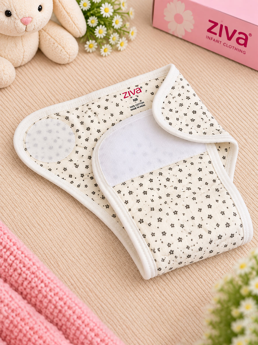 Ziva 3 Piece Velcro Nappy – Unisex | Premium Knitted Cotton | Lightly Padded Attached Insert | Assorted Beige, White & Off-White Prints