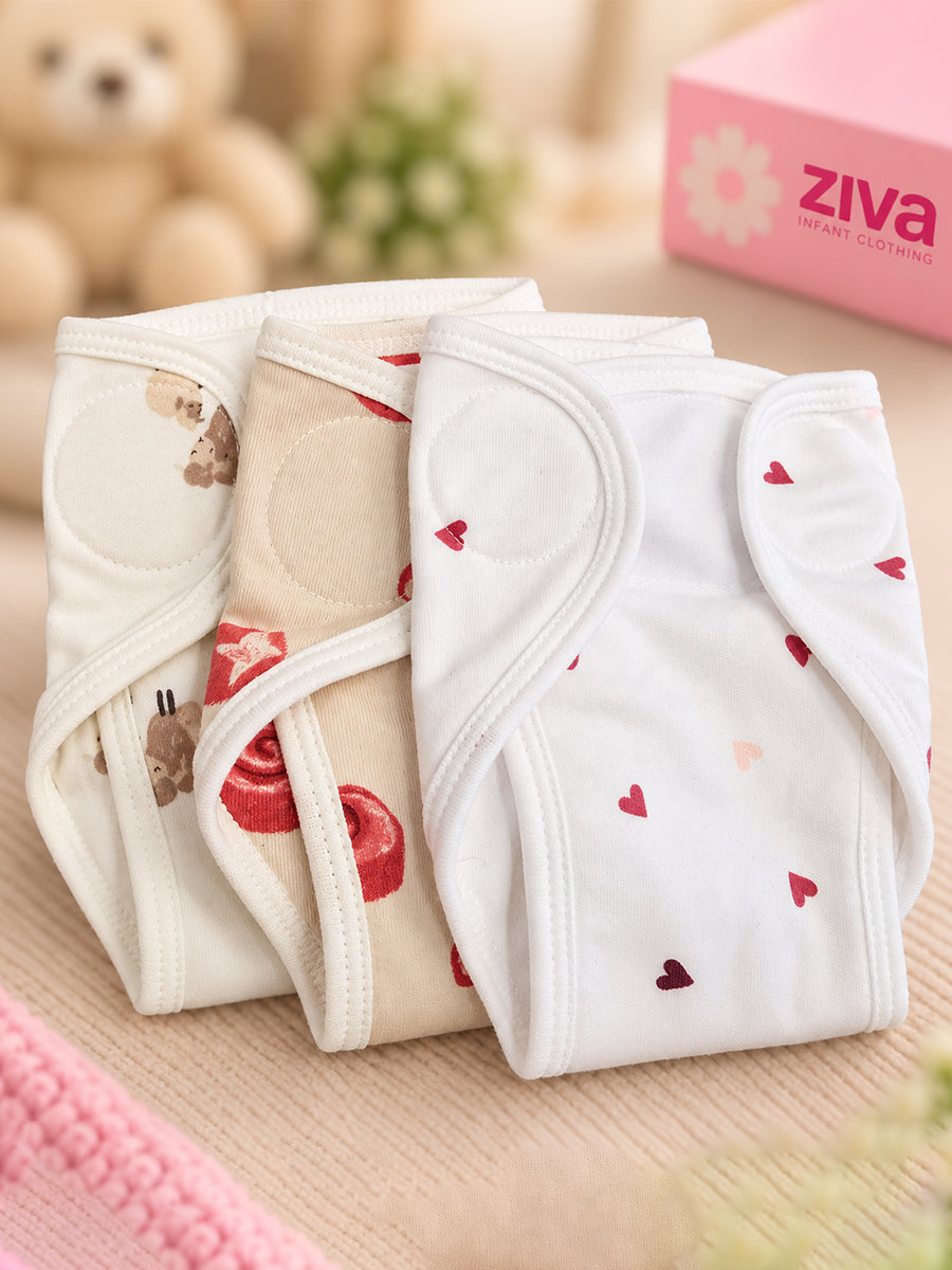 Ziva 3 Piece Velcro Nappy – Unisex | Premium Knitted Cotton | Lightly Padded Attached Insert | Assorted White, Off-White & Beige Prints