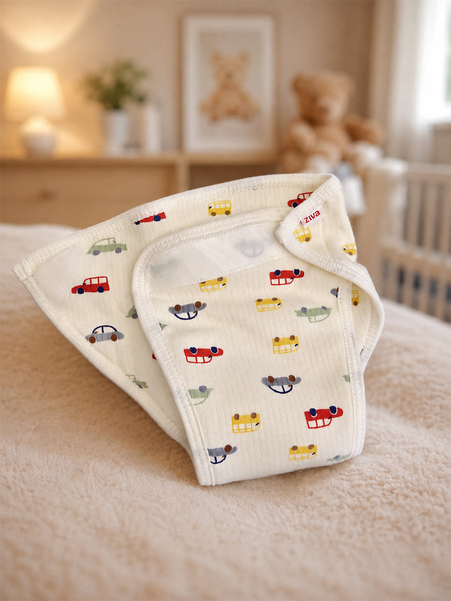 Ziva 3 Piece Velcro Nappy – Baby Boy | Premium Knitted Cotton | Lightly Padded Attached Insert | Assorted Blue, Charcoal & Off-White Prints