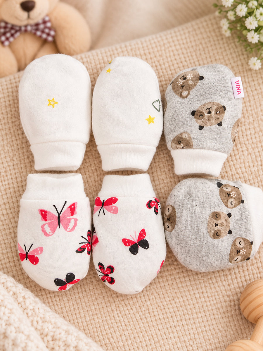 Ziva Premium Baby Mittens – Pack of 3 Pairs | Knitted Cotton | Assorted Unisex Prints – Star, Butterfly & Teddy Theme (Print & Colour Details: Check Product Description)