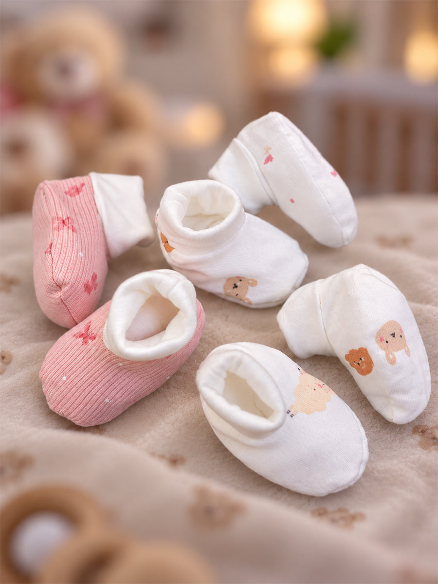 Ziva Premium Baby Booties – Pack of 3 Pairs | Knitted Cotton | Assorted Baby Girl Prints – Pink Bow, Teddy & Pastel Dot Theme (Print & Colour Details: Check Product Description)
