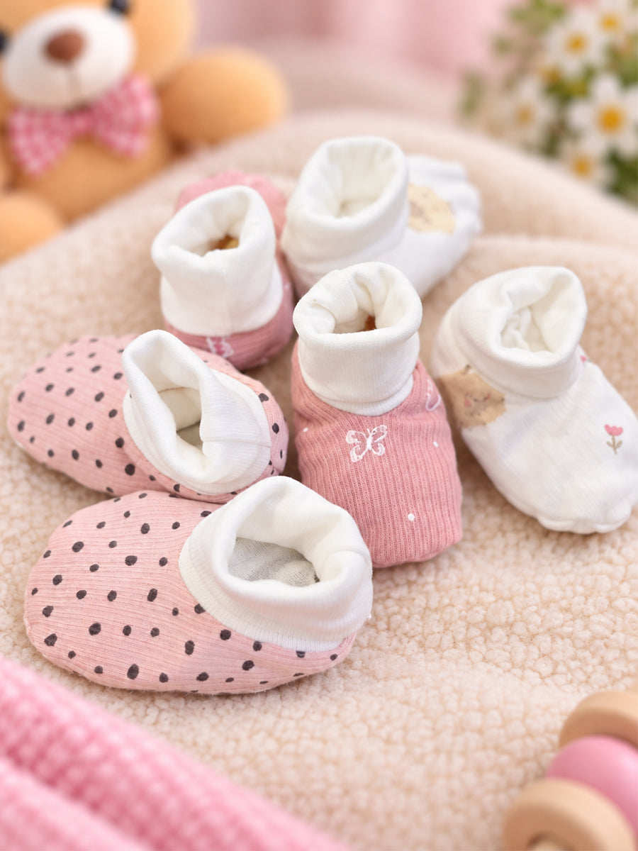 Ziva Premium Baby Booties – Pack of 3 Pairs | Knitted Cotton | Assorted Baby Girl Prints – Pink Dot, Butterfly & Teddy Theme (Print & Colour Details: Check Product Description)