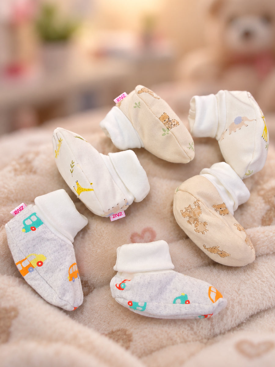 Ziva Premium Baby Booties – Pack of 3 Pairs | Knitted Cotton | Assorted Baby Boy Prints – Vehicle, Teddy & Minimal Character Theme (Print & Colour Details: Check Product Description)