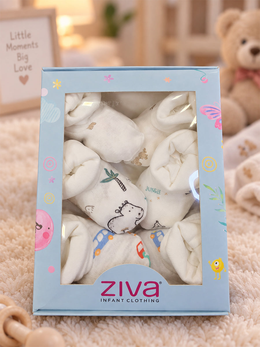 Ziva Premium Baby Booties – Pack of 3 Pairs | Knitted Cotton | Assorted Baby Boy Prints – Vehicle, Jungle & Minimal Theme (Print & Colour Details: Check Product Description)