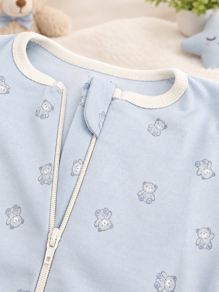 Ziva Baby Sleepsuit with Cap – Powder Blue Tiny Teddy Print | Premium Knitted Cotton | Front Zip | Fold-Over Mittens & Integrated Booties