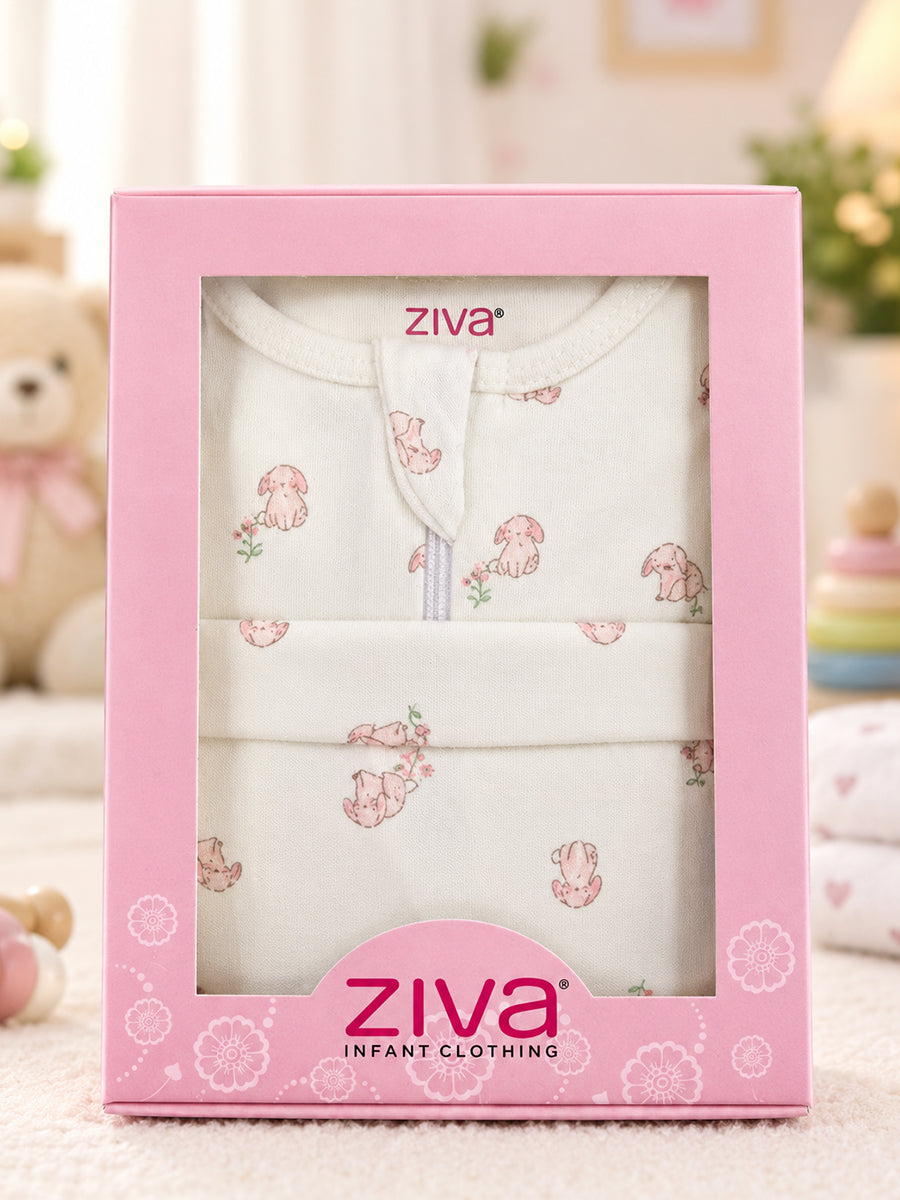 Ziva Baby Sleepsuit with Cap – Off White Tiny Bunny Print | Premium Knitted Cotton | Front Zip | Fold-Over Mittens & Integrated Booties