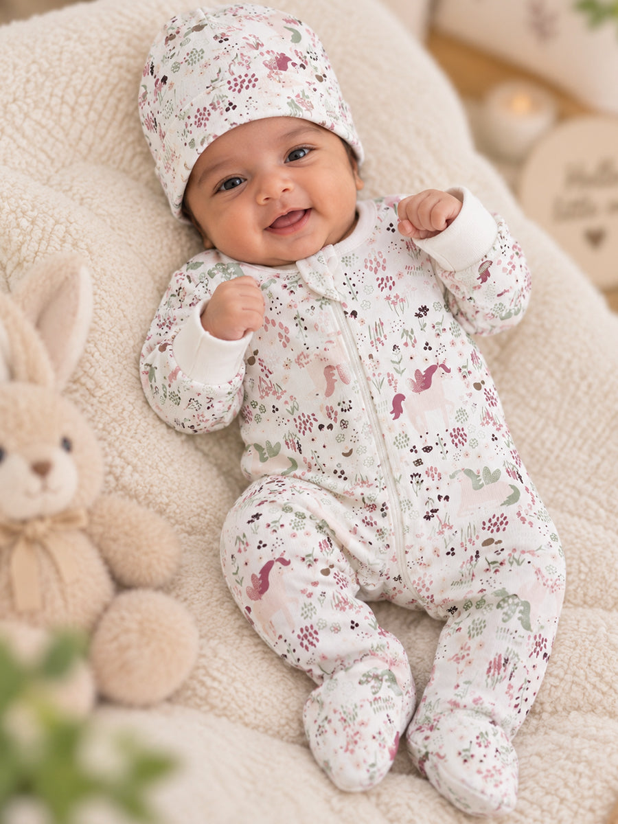 Ziva Baby Sleepsuit with Cap – Off White Unicorn Garden Print | Premium Knitted Cotton | Front Zip | Fold-Over Mittens & Integrated Booties
