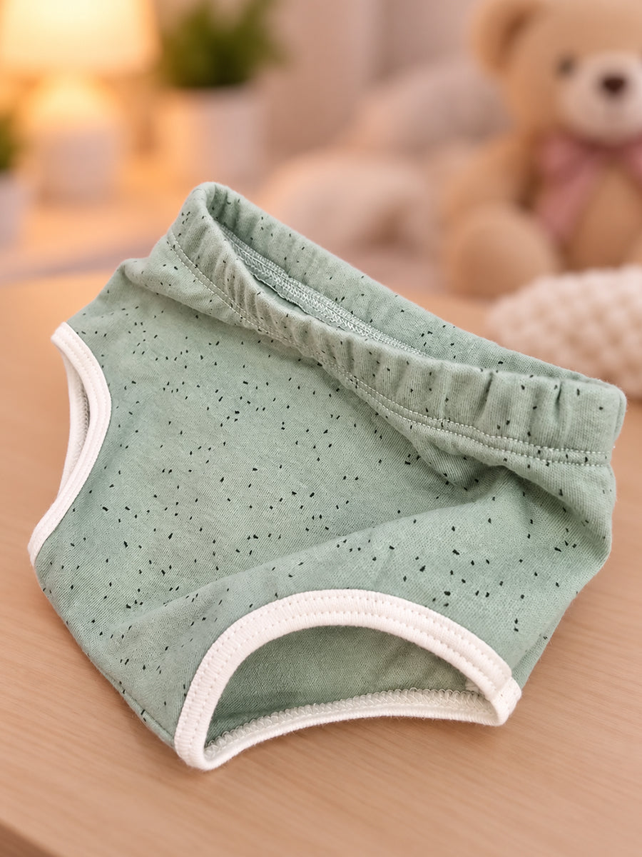 Ziva Baby Girl Frock with Pantie – Sage Green Speckled Print | Premium Knitted Cotton | Back Adjustable Tie | 2-Piece Set