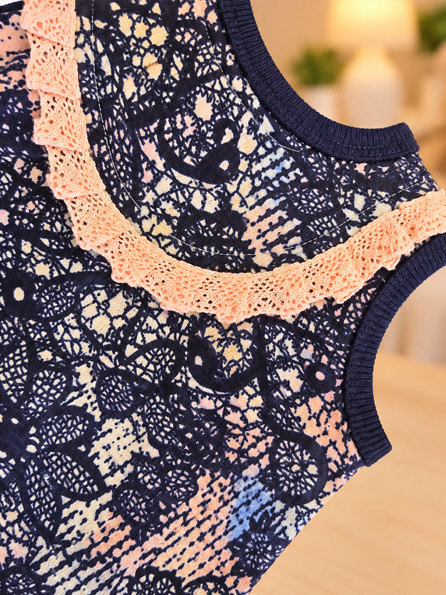 Ziva Baby Girl Frock with Pantie – Blush Peach & Navy Floral Lace Print | Premium Knitted Cotton | Lace Yoke | 2-Piece Set