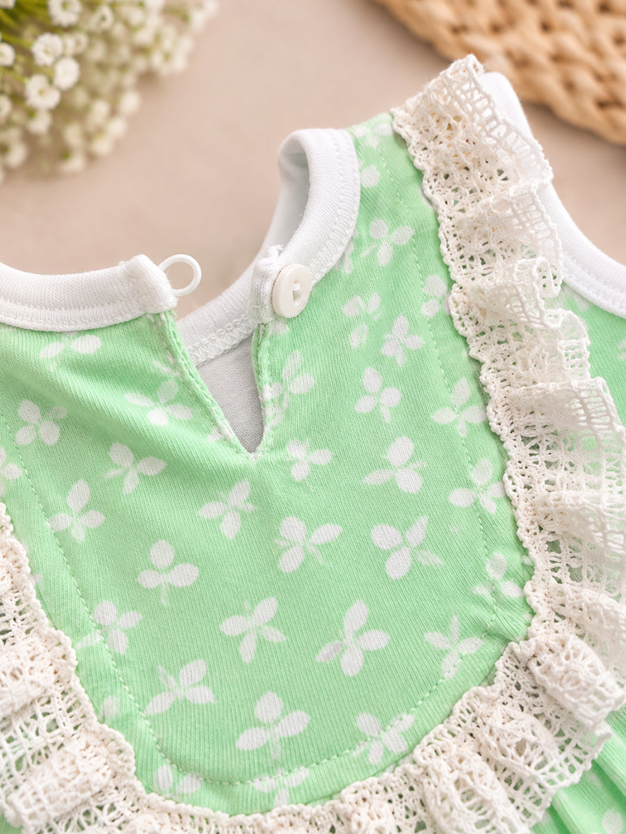 Ziva Baby Girl Frock with Pantie – Mint Green Tiny Floral Print | Premium Knitted Cotton | White Lace Yoke | 2-Piece Set