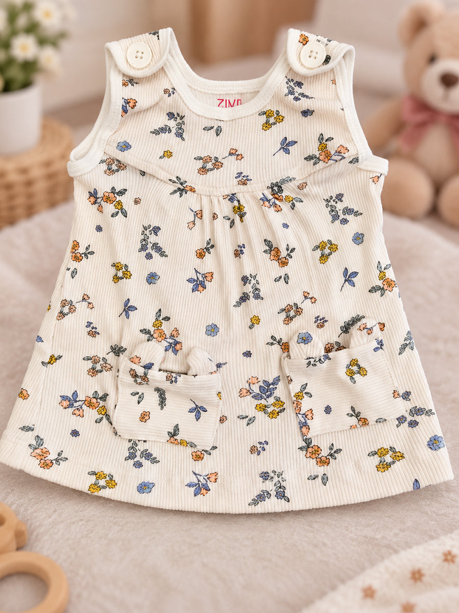 Ziva Baby Girl Frock with Pantie – Soft Ivory Tiny Floral Print | Premium Knitted Cotton | Shoulder Button & Front Pockets | 2-Piece Set