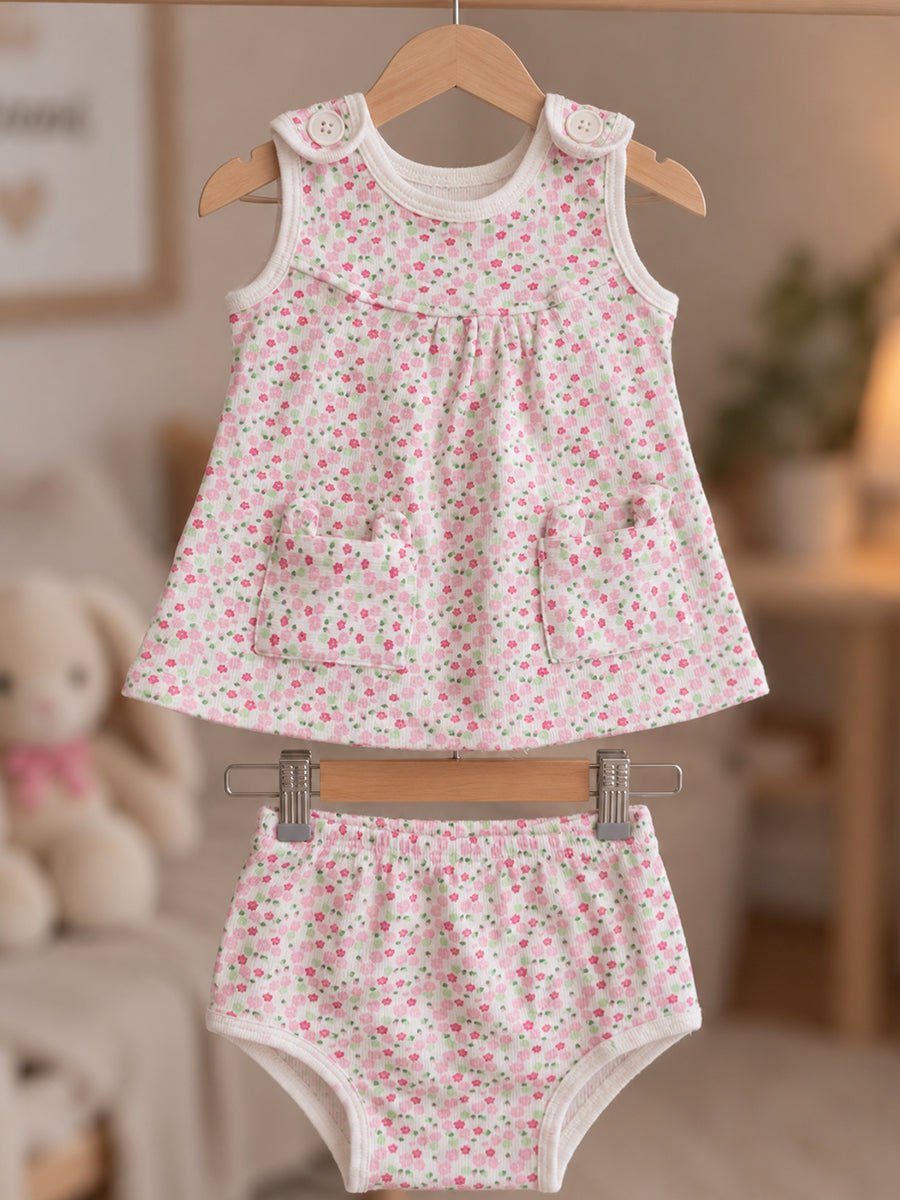 Ziva Baby Girl Frock with Pantie – Soft Cream Tiny Pink Floral Print | Premium Knitted Cotton | Shoulder Buttons & Front Pockets | 2-Piece Set