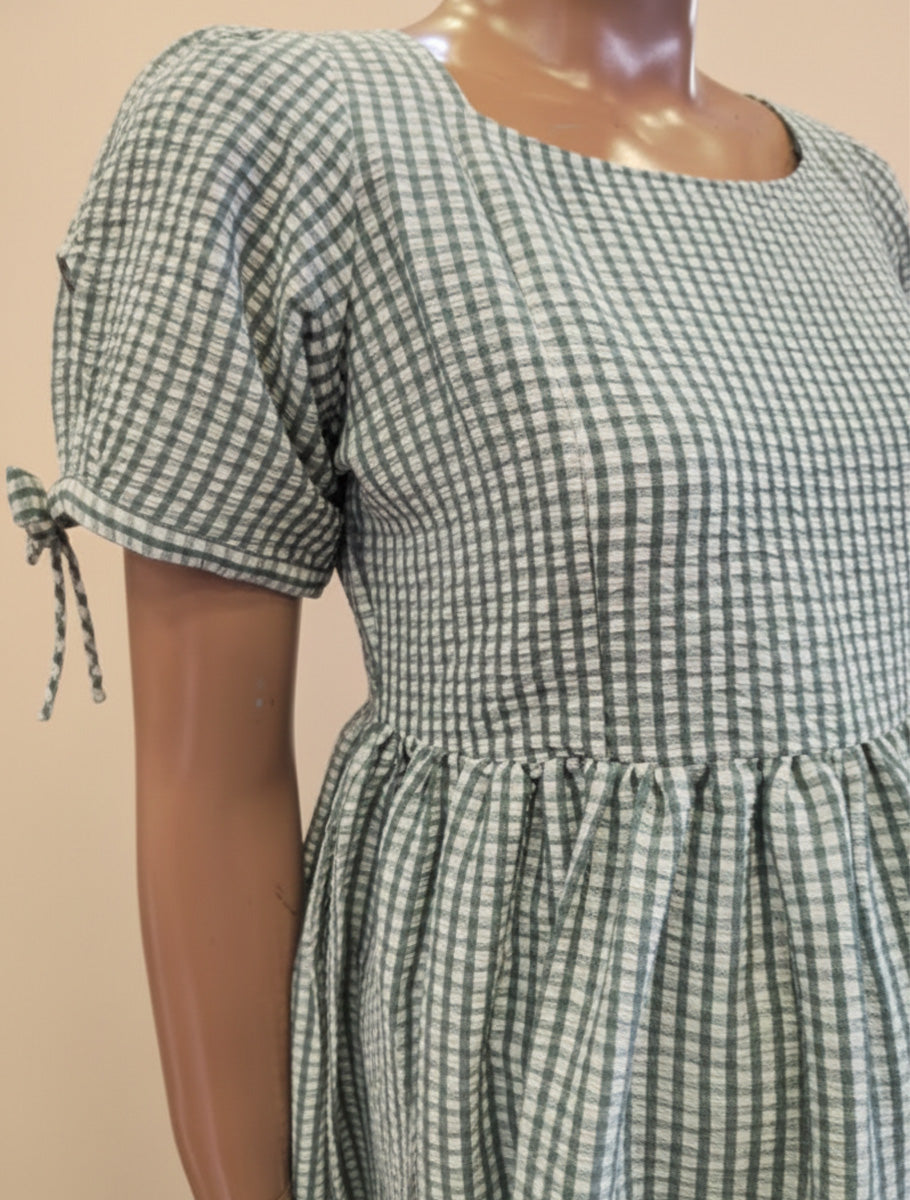 Trendy Maternity & Feeding Dress – Green & Off-White Gingham (Seersucker Fabric)