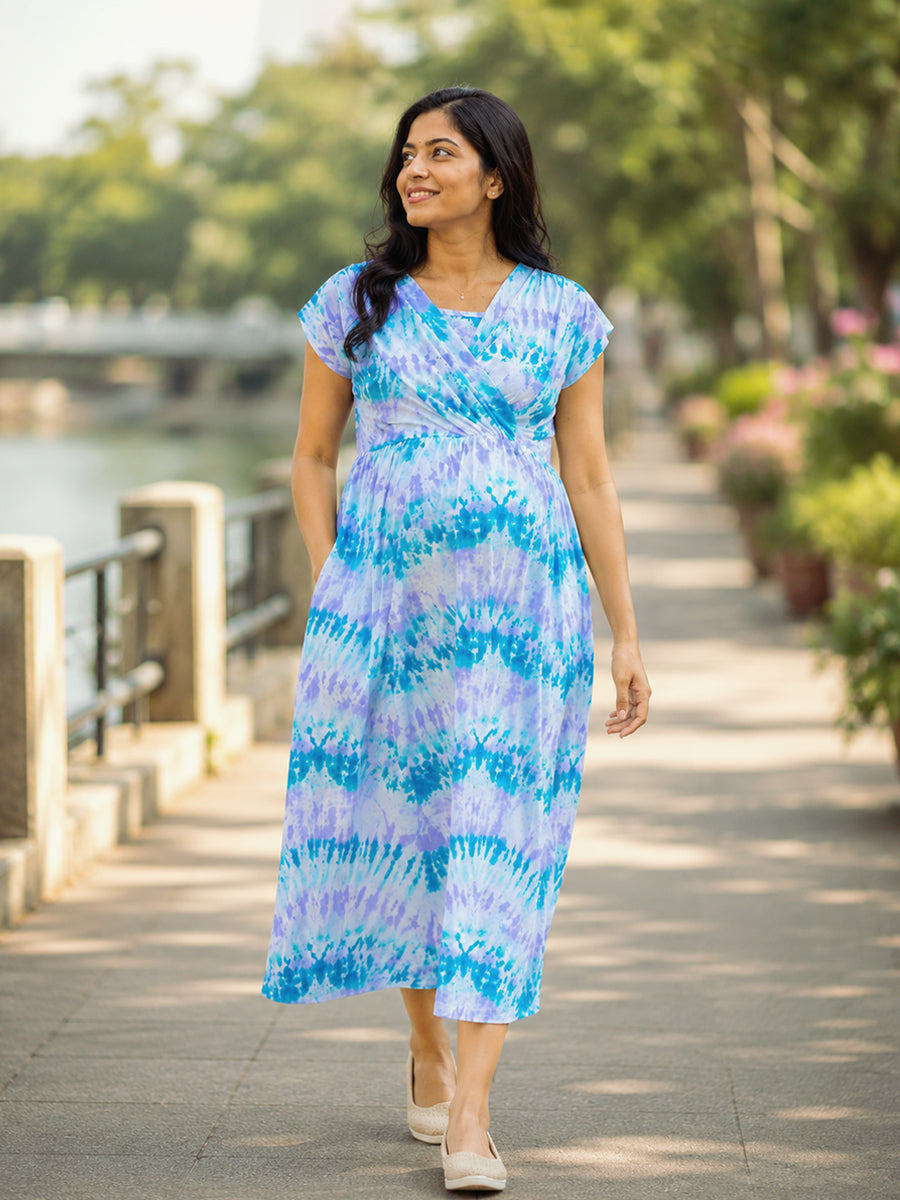 Ziva Maternity & Feeding Knitted Cotton Midi Dress with Zipless Feeding Access & Pocket – Aqua Mist & Lavender Wash Tie-Dye
