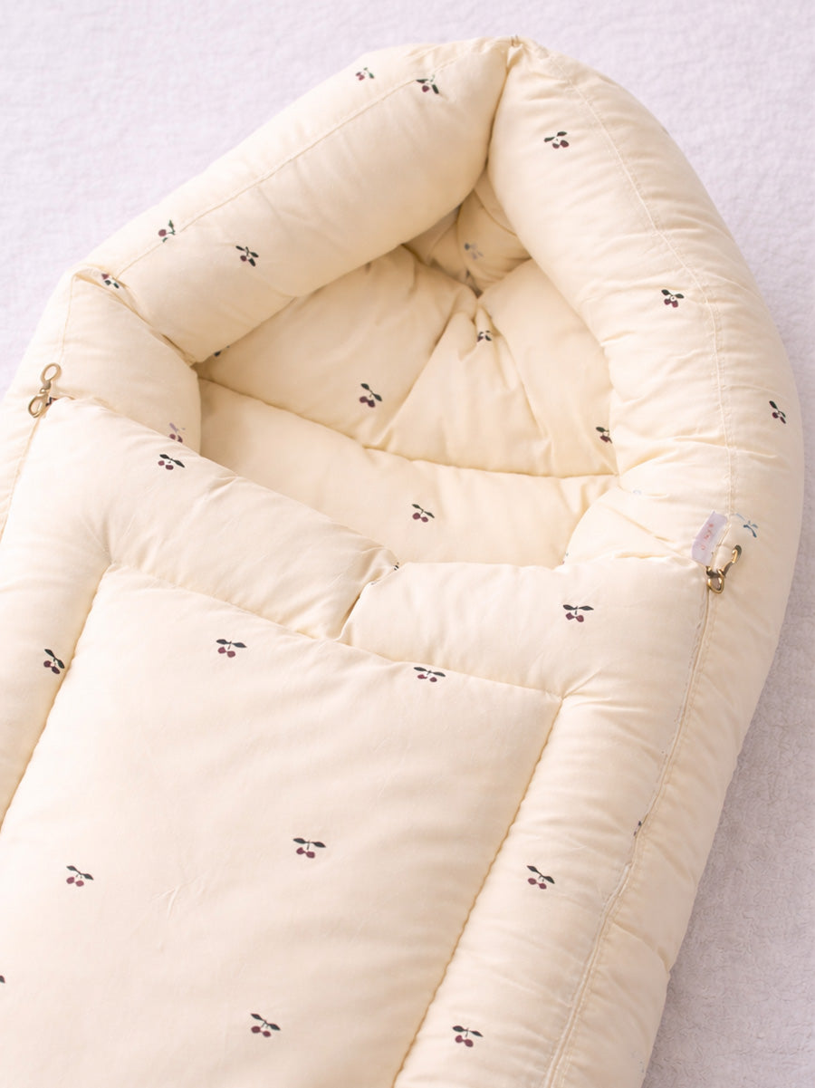 Ziva 3-in-1 Baby Bed – Carry Nest cum Sleeping Bag (Cherry Print, Cream | Organic Cotton Fabric)