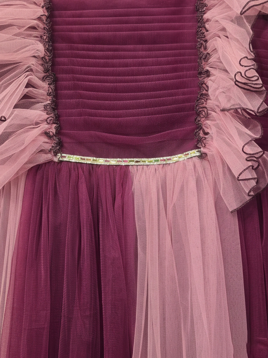 Wine & Pink Shaded Baby Shower & Photoshoot Gown with Pleated Yoke and Flowing Net Skirt