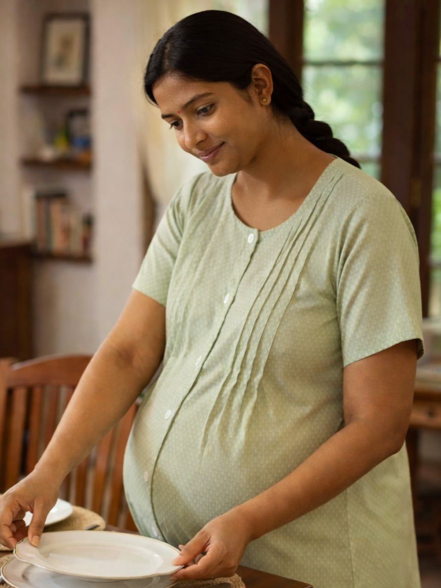 Olive Green Geometric Print Cotton Full Open Maternity & Feeding Short Nighty