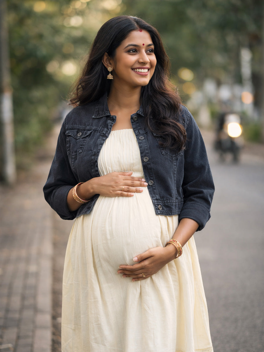 Light Cream Cotton Mull Maternity & Nursing Midi Dress with Soft Lining and Dark Grey Denim Jacket